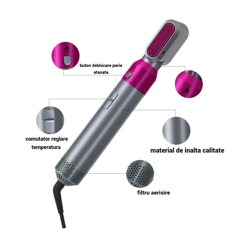 Lichidare de stoc. Perie de par 5 in 1 multifunctionala, cu aer cald si multiple accesorii incluse