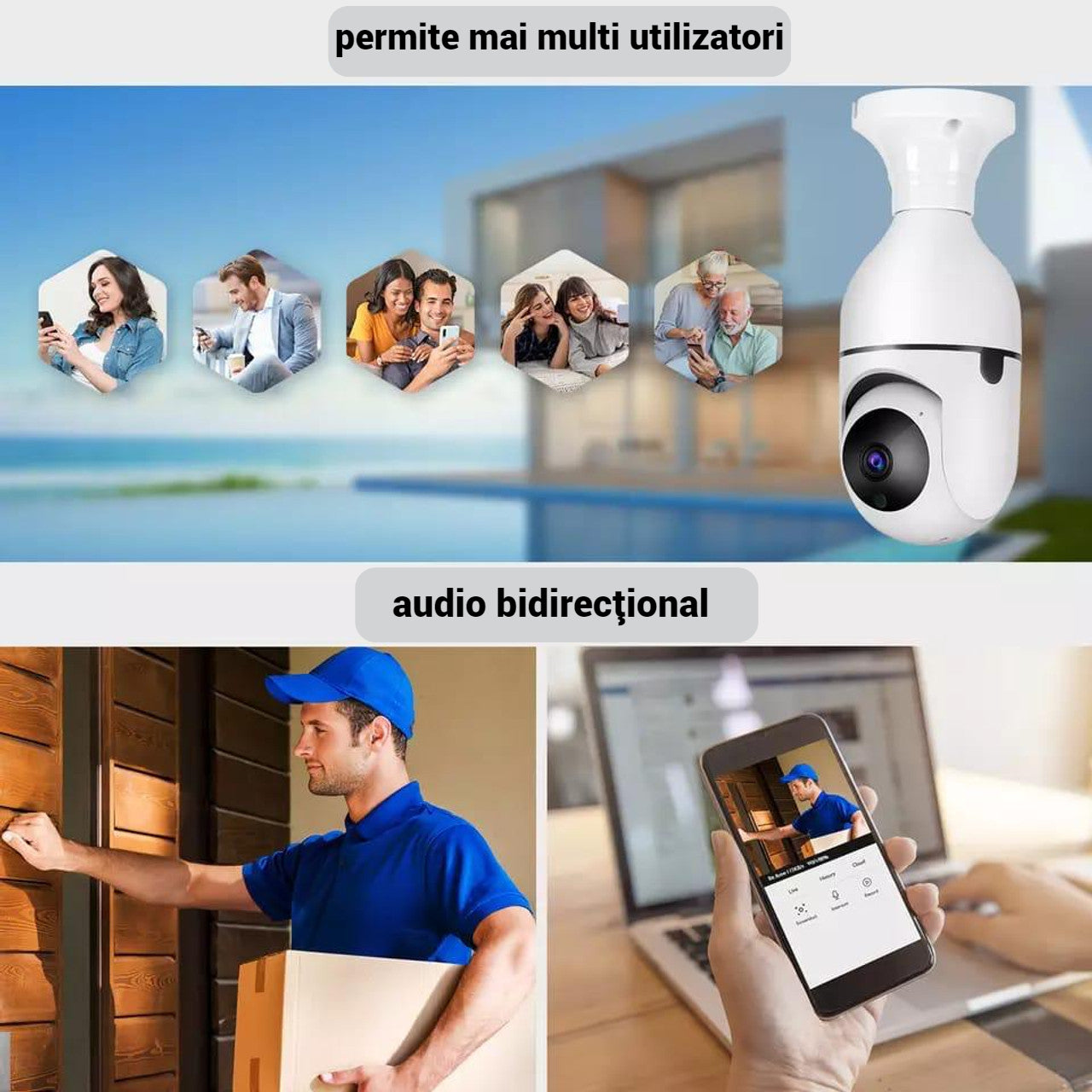 Camera WiFi Tip Bec 355° Full HD cu Unghi Panoramic, Senzor de Miscare și Functie Audio Bidirectionala
