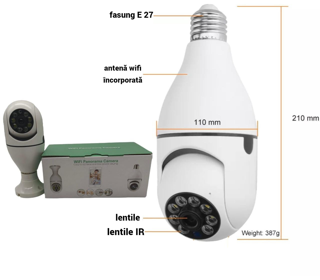 Camera WiFi Tip Bec 355° Full HD cu Unghi Panoramic, Senzor de Miscare și Functie Audio Bidirectionala