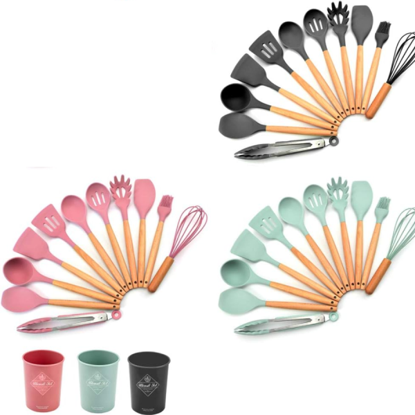 Set 12 Ustensile de Gatit din Silicon, cu Maner din Bambus